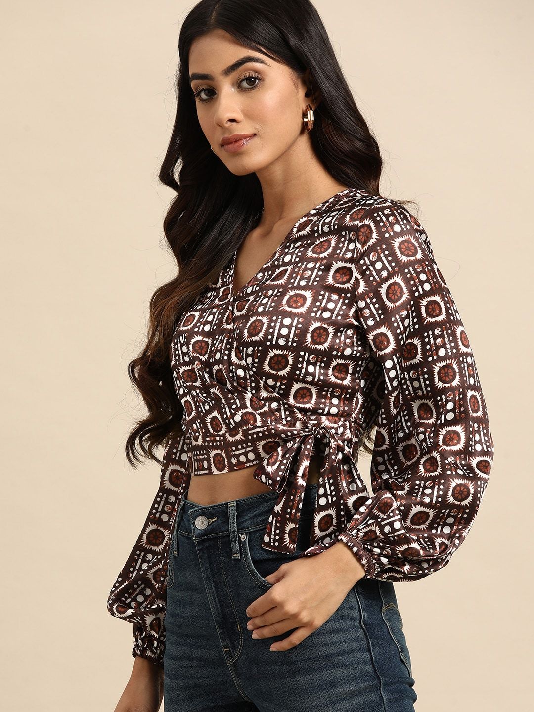 all about you Satin Finish Printed Puff Sleeves Wrap Crop Top