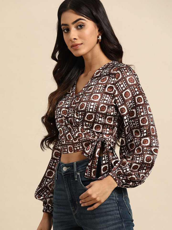all about you Satin Finish Printed Puff Sleeves Wrap Crop Top