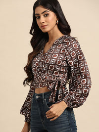 all about you Satin Finish Printed Puff Sleeves Wrap Crop Top