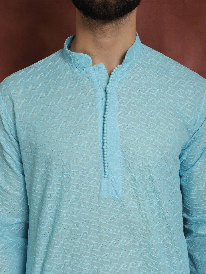 SOJANYA Lelaki Biru Sulam Kurta Lurus