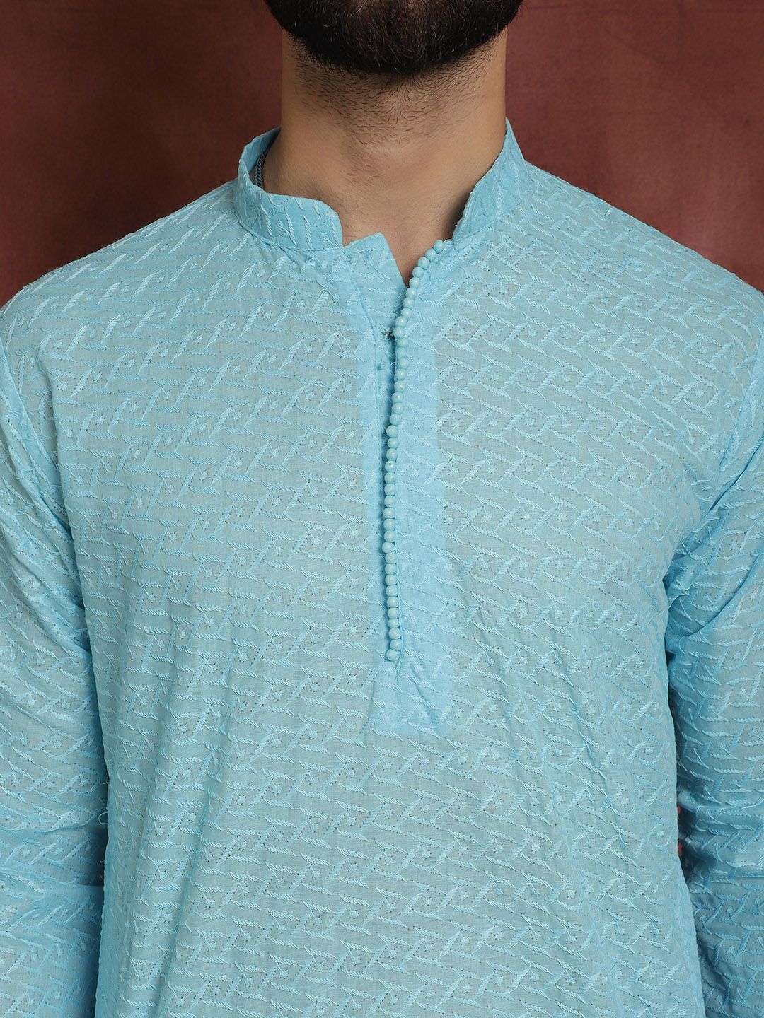 SOJANYA Kurta Lurus Bersulam Biru Lelaki