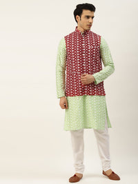 SOJANYA Lelaki Motif Etnik Merah & Hijau Kurta Sulam Churidar