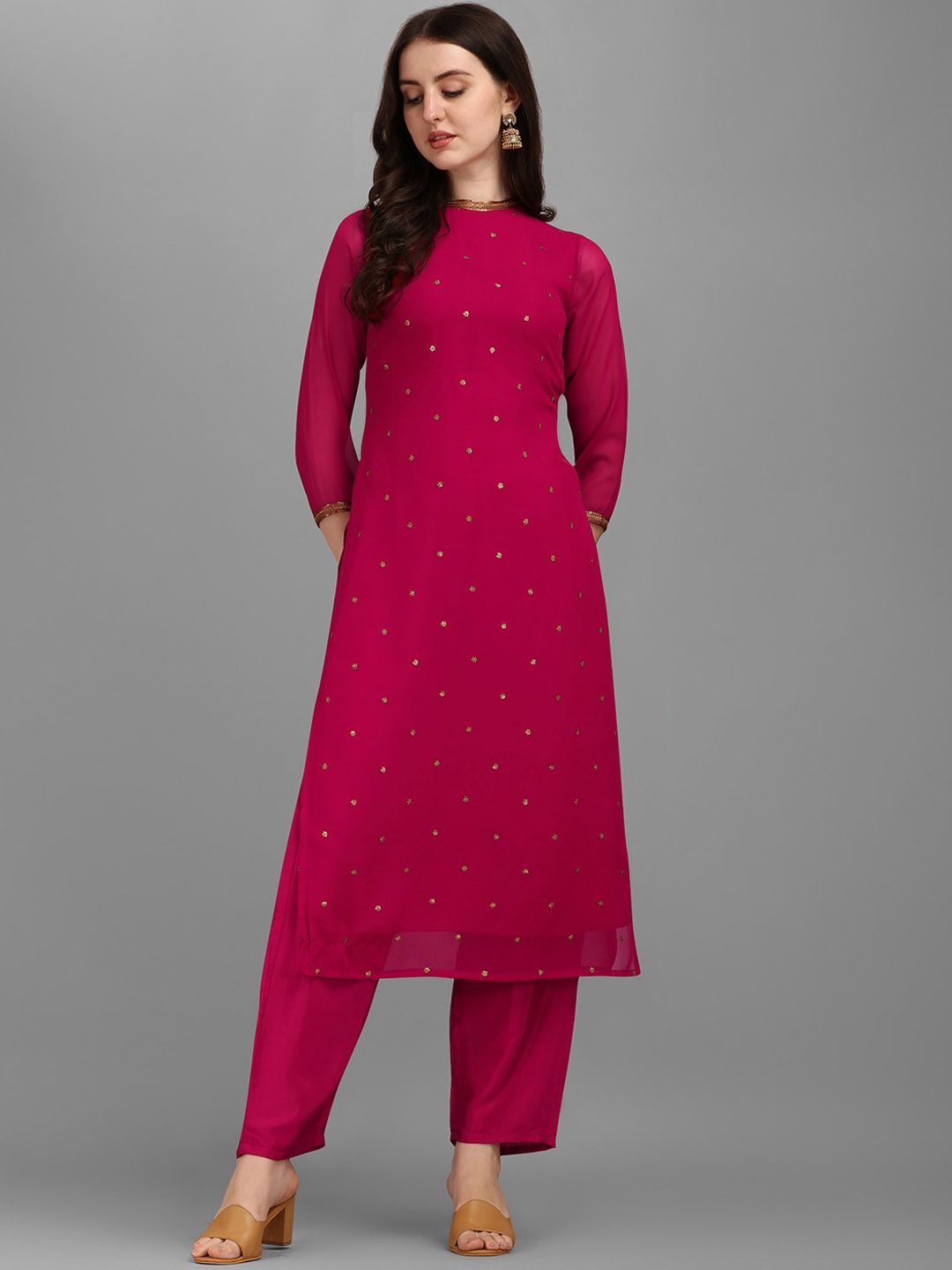KALINI Ethnic Motifs Embellished Straight Sequinned Kurta with Trousers