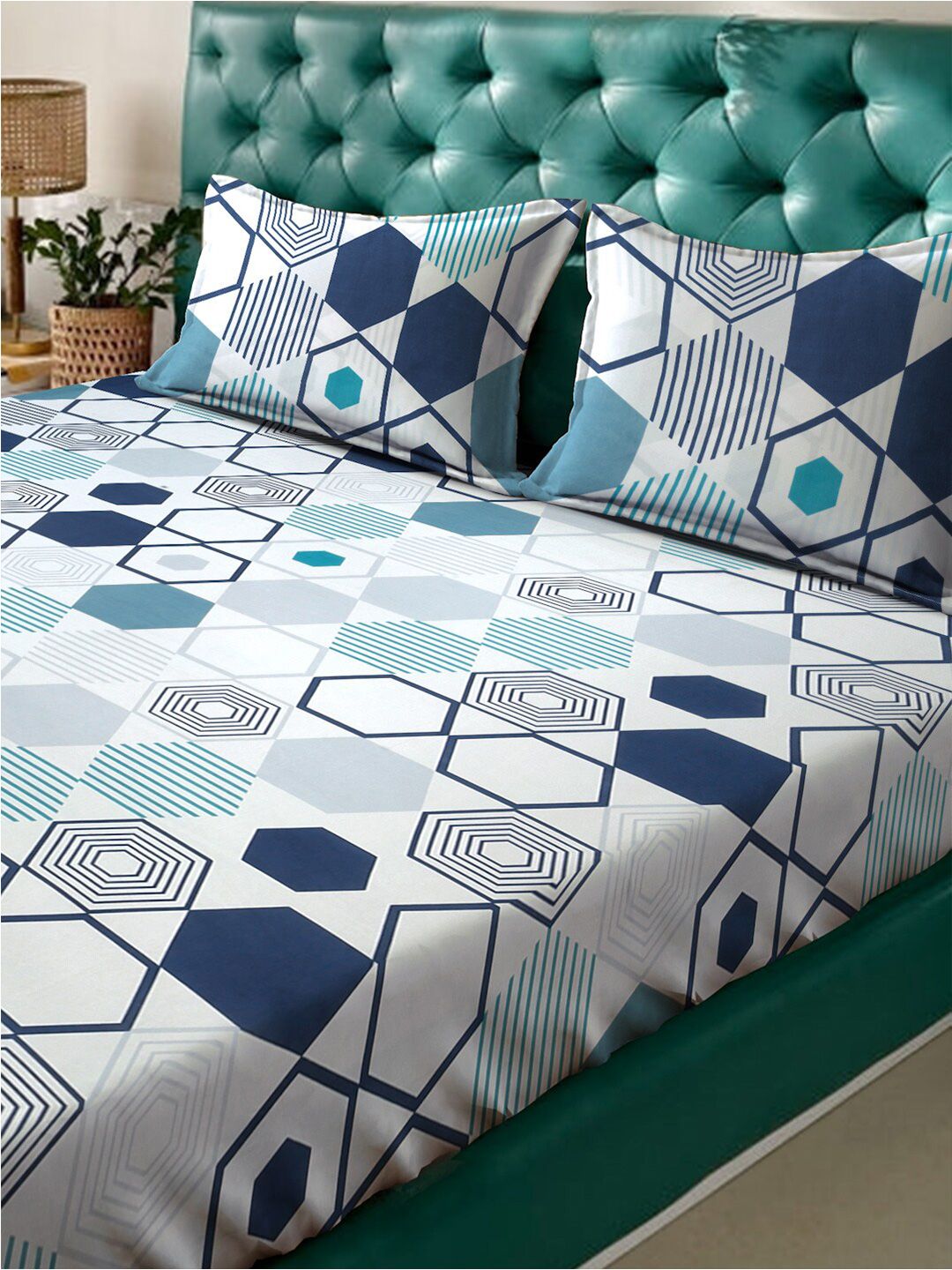 KLOTTHE Grey & Blue Geometric Fitted 300 TC King Bedsheet with 2 Pillow Covers
