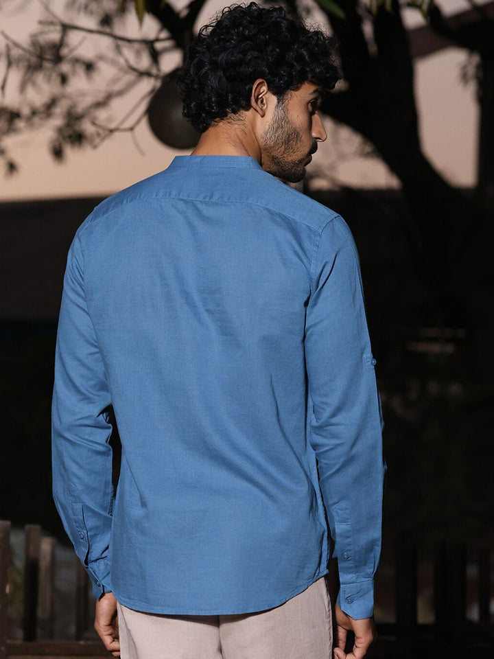 Thomas Scott Mandarin Collar Premium Cotton Linen Slim Fit Opaque Casual Shirt