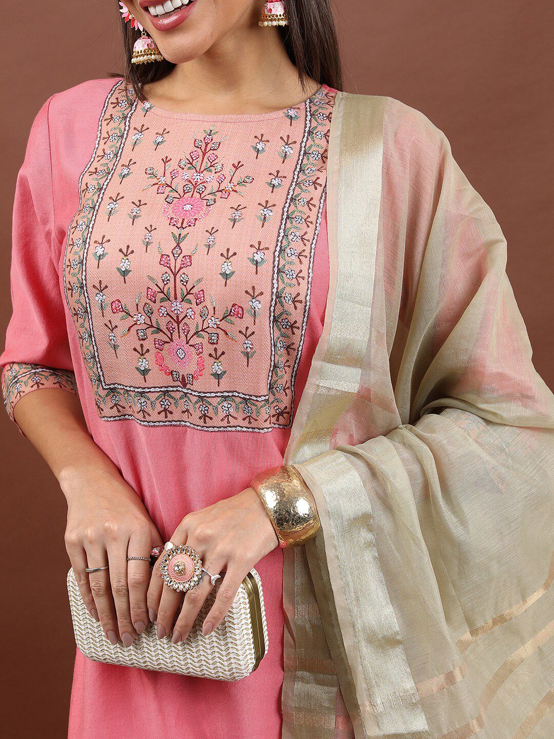 Vishudh Floral Yoke Design Regular Kurta with Palazzos & With Dupatta