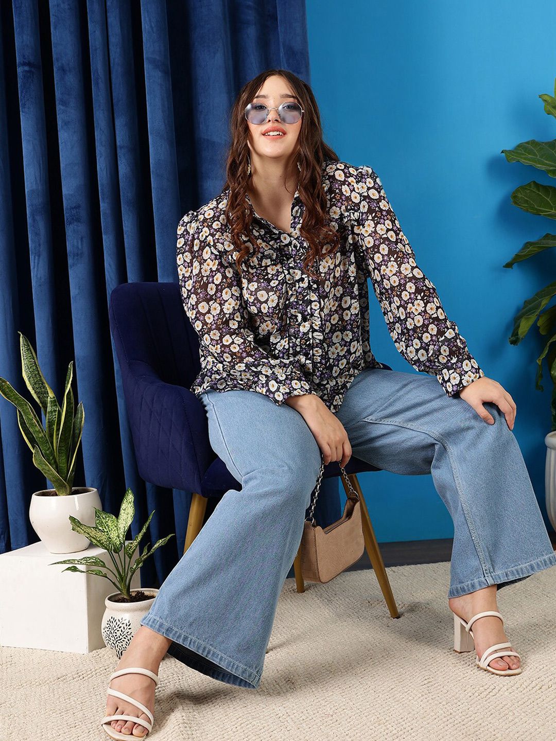 CURVY STREET Plus Size Black Comfort Floral Printed Ruffles Casual Shirt