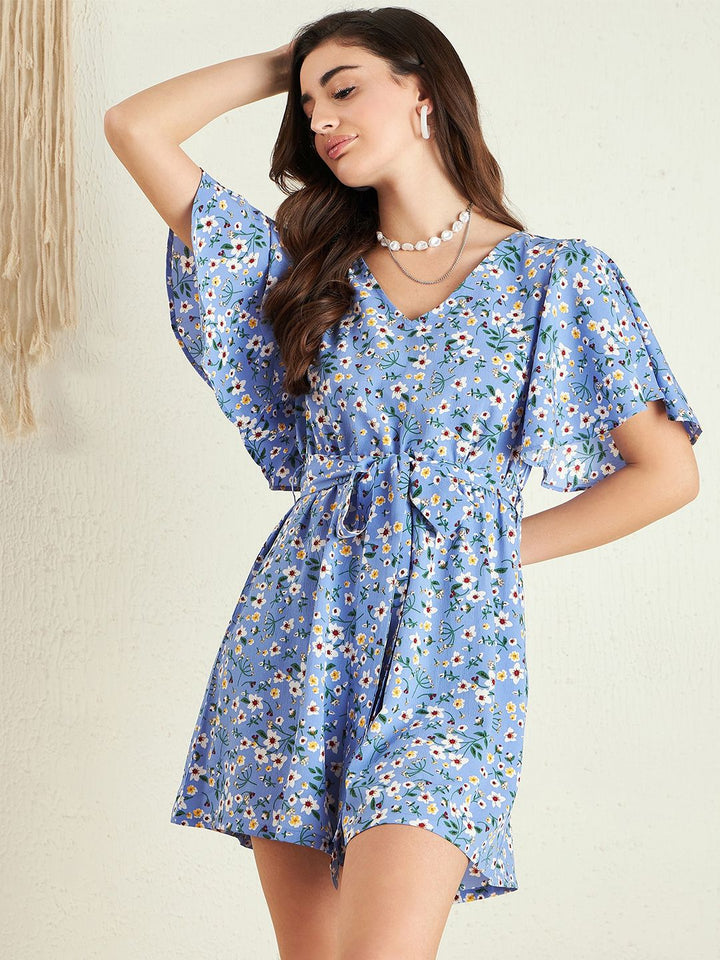 Berrylush Blue Floral Printed V-Neck Flared Sleeves Playsuit With Belt