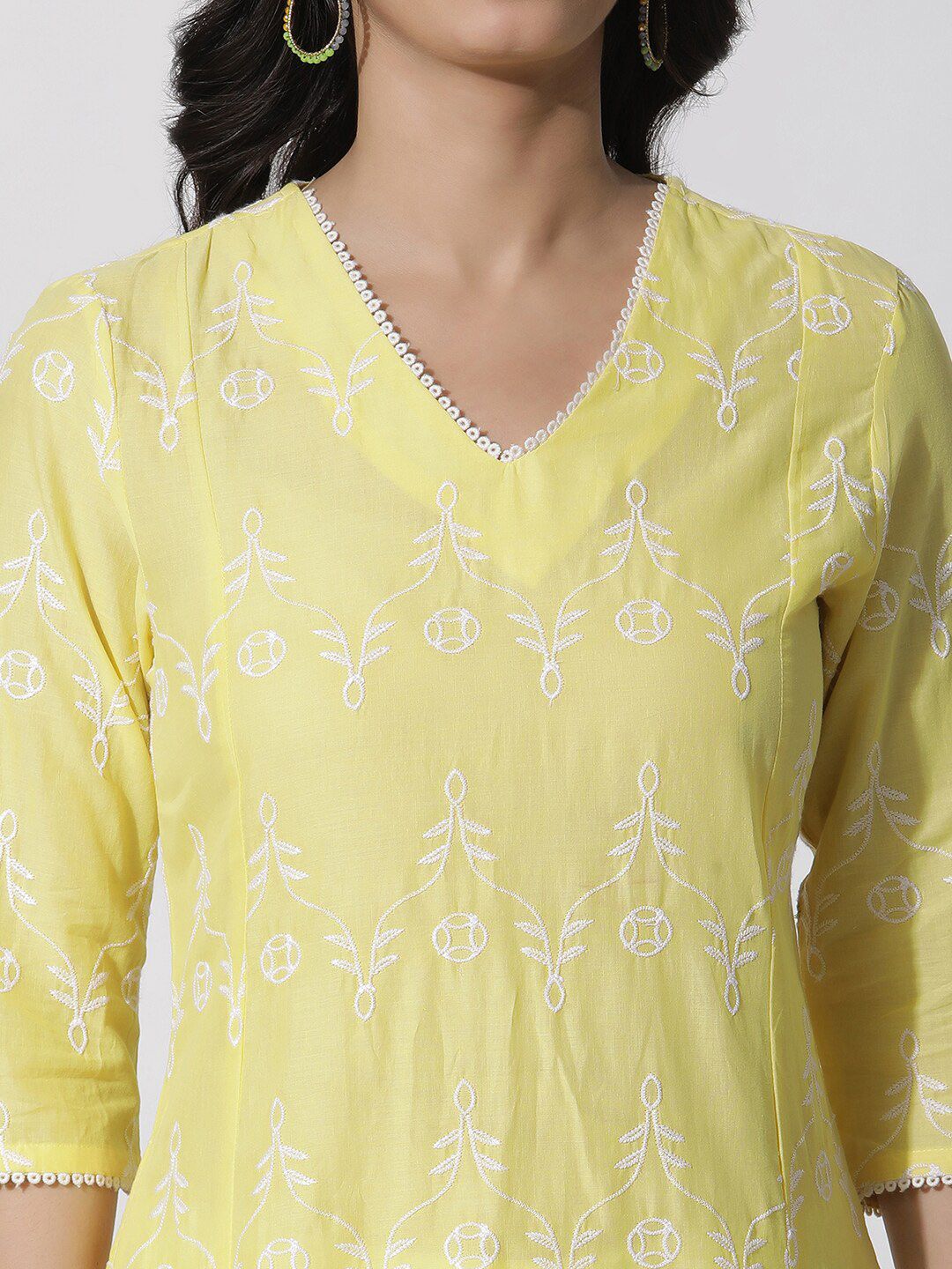 W Floral Embroidered V-Neck Thread Work Cotton A-Line Kurta