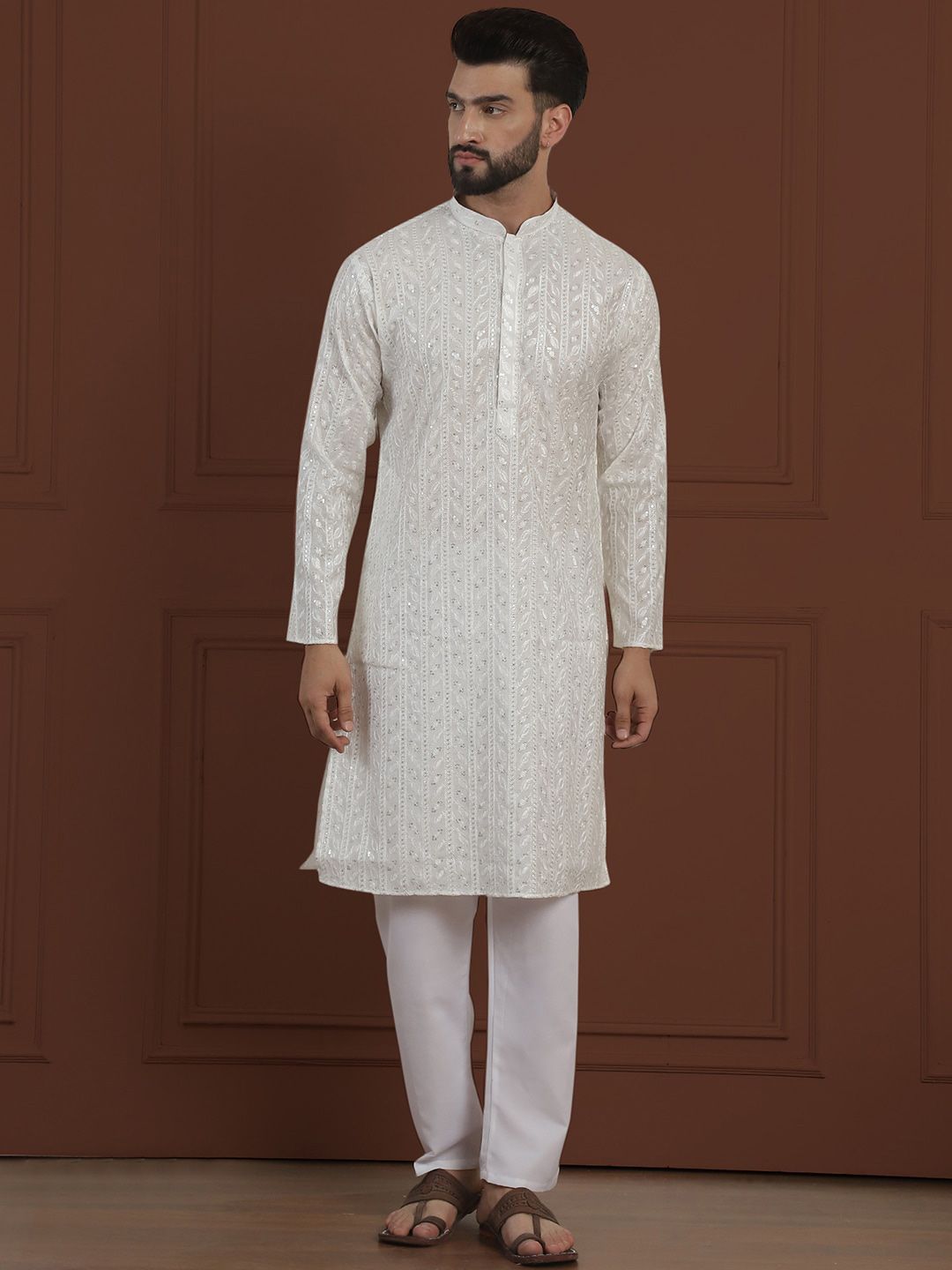 SOJANYA LUXE Motif Etnik Bersulam Kolar Mandarin Kurta Sutera Lurus Kapas & Piyama