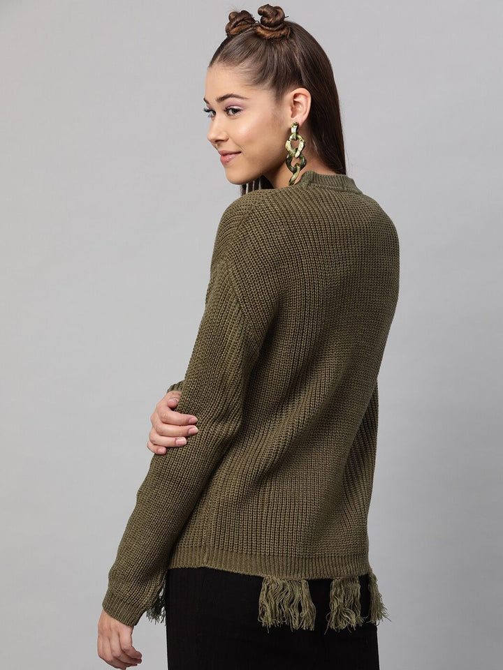 Street 9 Wanita Olive Hijau Green Ribbed Acrylic Sweater