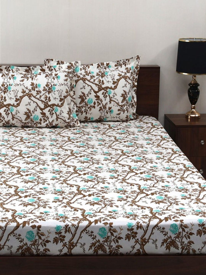 BOMBAY DYEING Brown Floral Cotton 144 TC Fitted Queen Bedsheet Set-1.52cmX1.98 cmX 30 cm