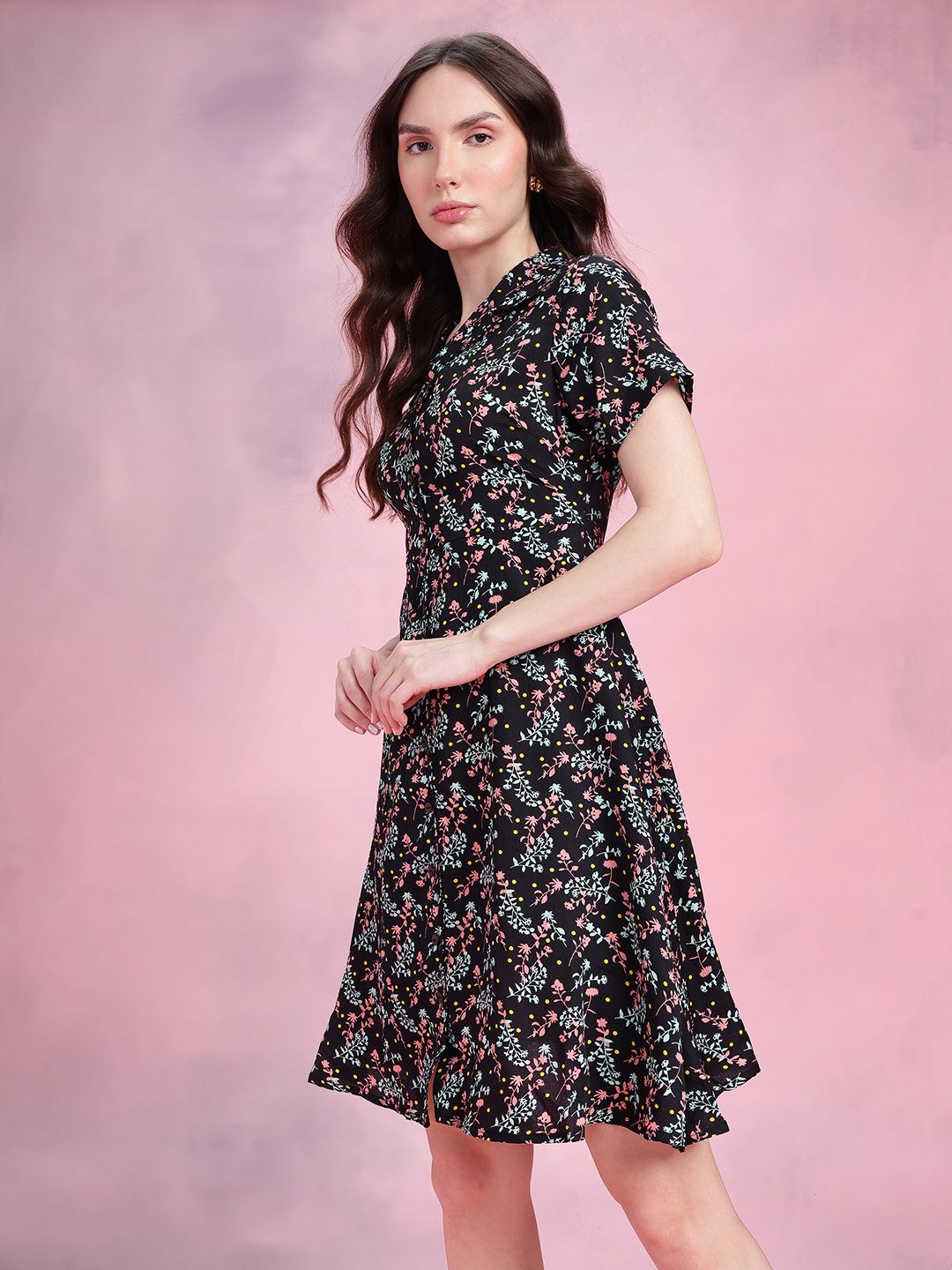 DressBerry Floral Print Notched Lapel Collar Shirt-Style Dress