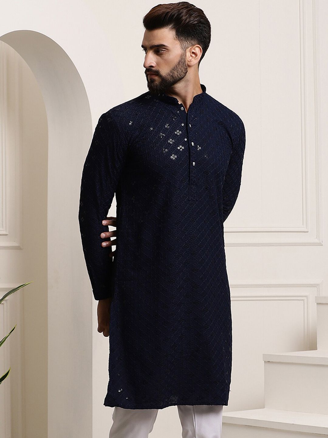SOJANYA Kolar Mandarin Sulam Bunga Labuci Kapas Tulen Kurta Lurus