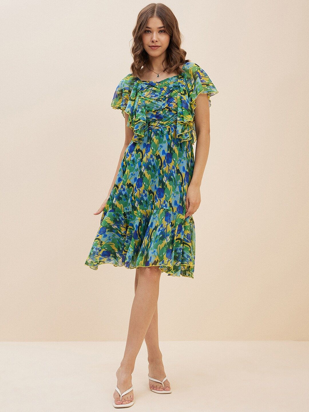 Antheaa Green Floral Print Flutter Sleeve Chiffon Fit & Flare Dress