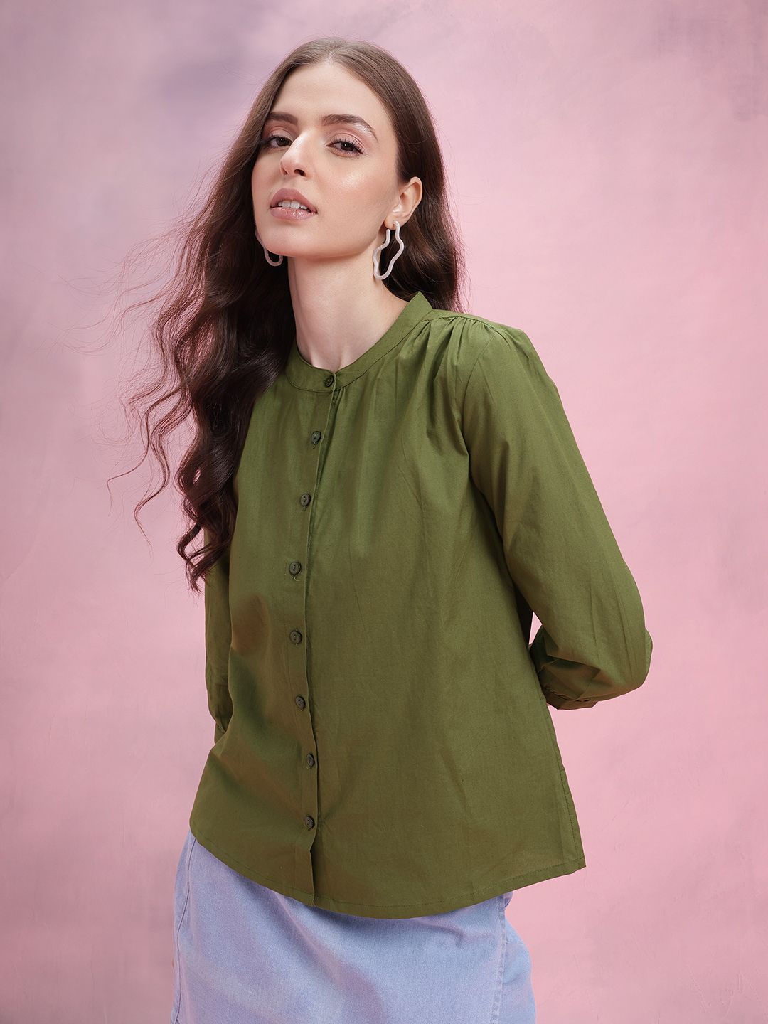 DressBerry Mandarin Collar Puff Sleeve Shirt Style Top with Gathered Details