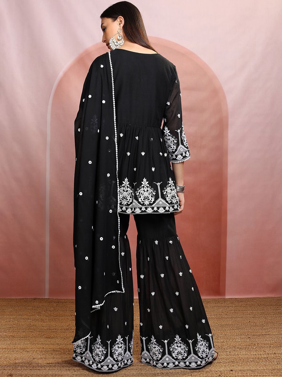 Vishudh Black Floral Embroidered Thread Work Pure Cotton Kurti with Sharara & Dupatta