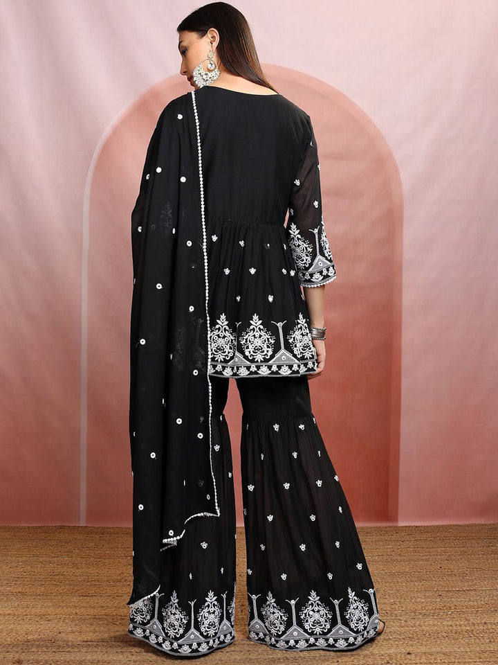 Vishudh Black Floral Embroidered Thread Work Pure Cotton Kurti with Sharara & Dupatta