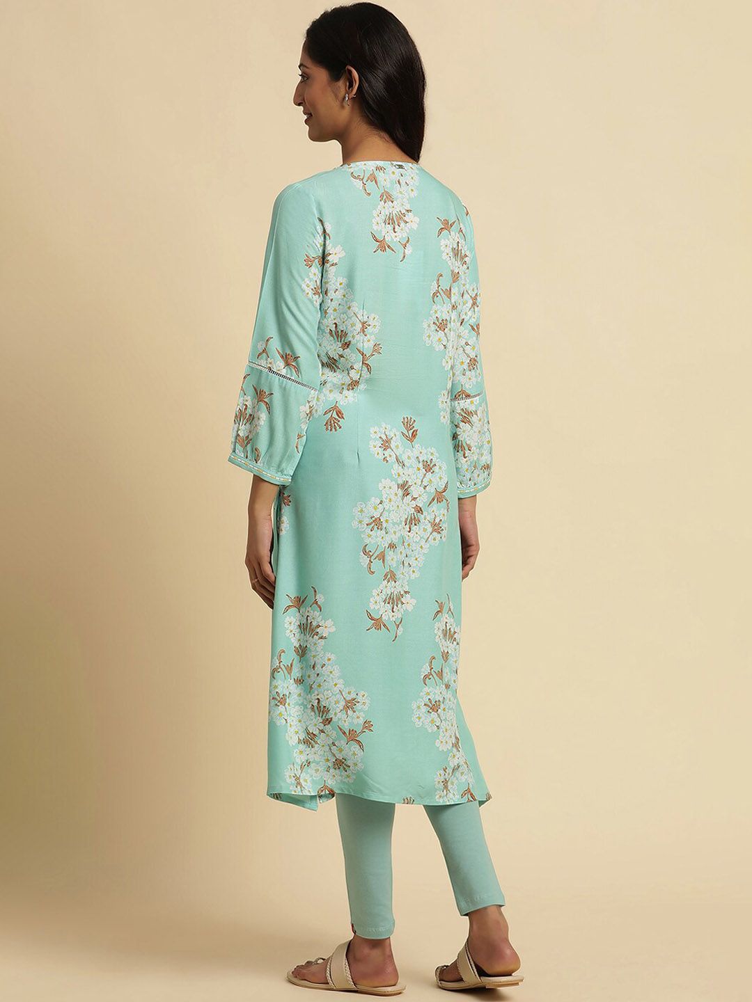 W Blue Floral Printed Keyhole Neck Thread Work Empire A-Line Kurta