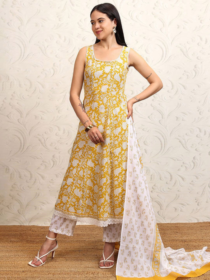 Vishudh Yellow Printed Sleevsless Pure Cotton Anarkali Kurta With Trousers & Dupatta