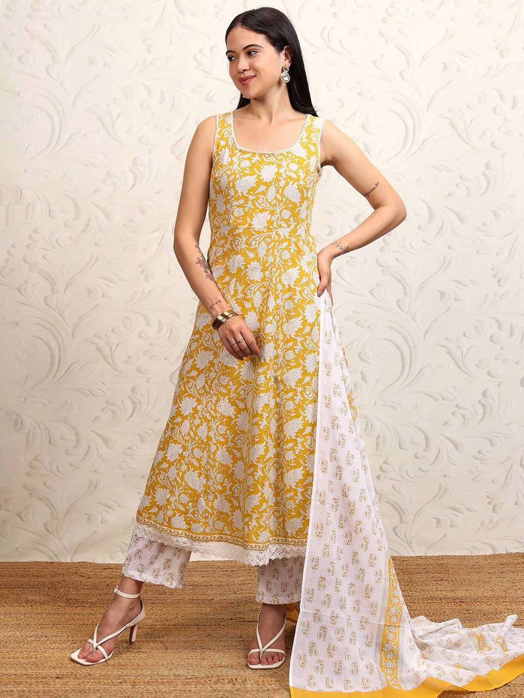Vishudh Yellow Printed Sleevsless Pure Cotton Anarkali Kurta With Trousers & Dupatta
