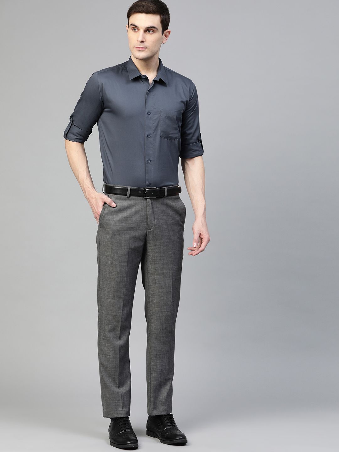 DENNISON Men Charcoal Grey Smart Slim Fit Solid Water & Stain Repellent Formal Shirt