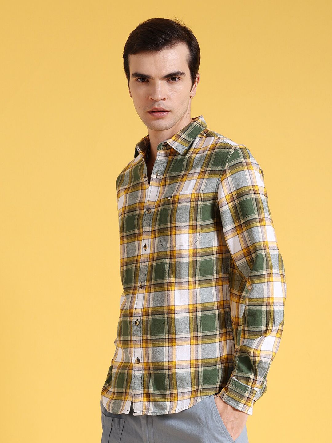 The Indian Garage Co Slim Fit Tartan Checked Pure Cotton Casual Shirt