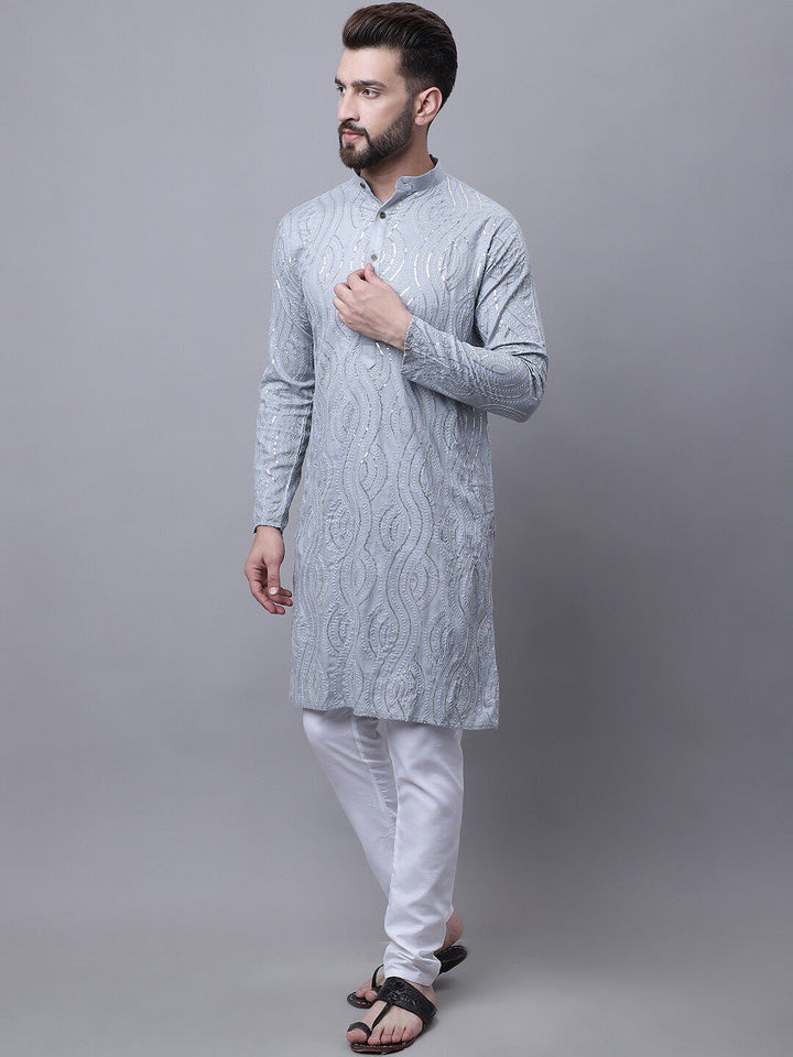 SOJANYA Men Embroidered Pure Cotton Sequinned Kurta With Pyjamas & Nehru Jacket