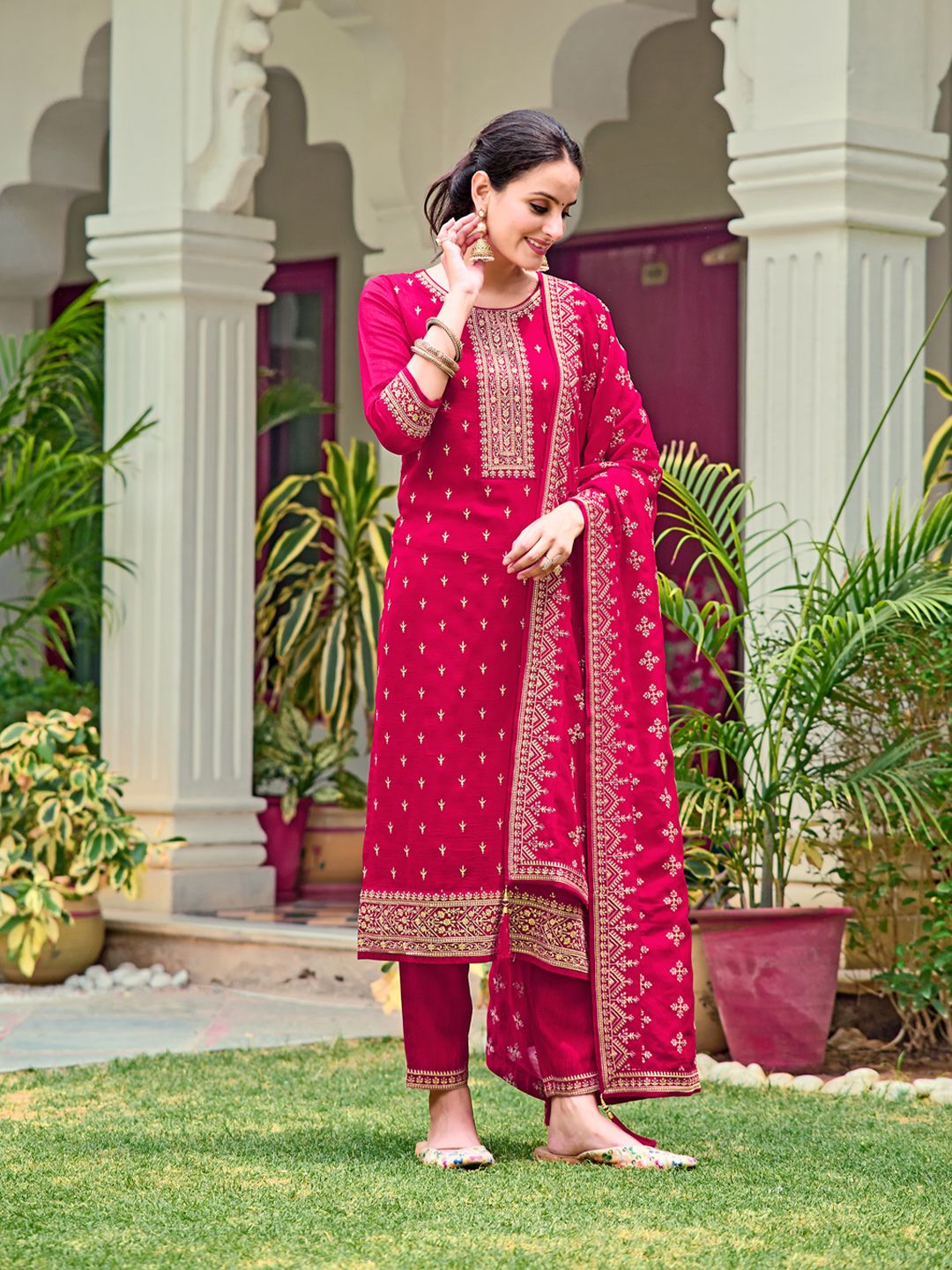KALINI Floral Embroidered Regular Sequinned Straight Kurta with Trousers & Dupatta