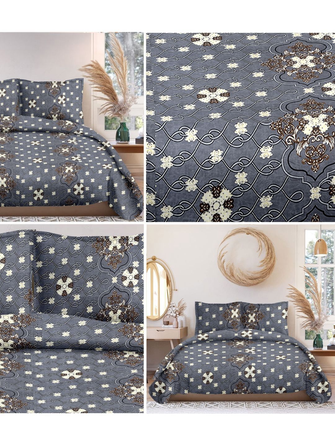 Cortina Glazed Cotton Grey Damask 140 TC King Bedsheet with 2 Pillow Covers