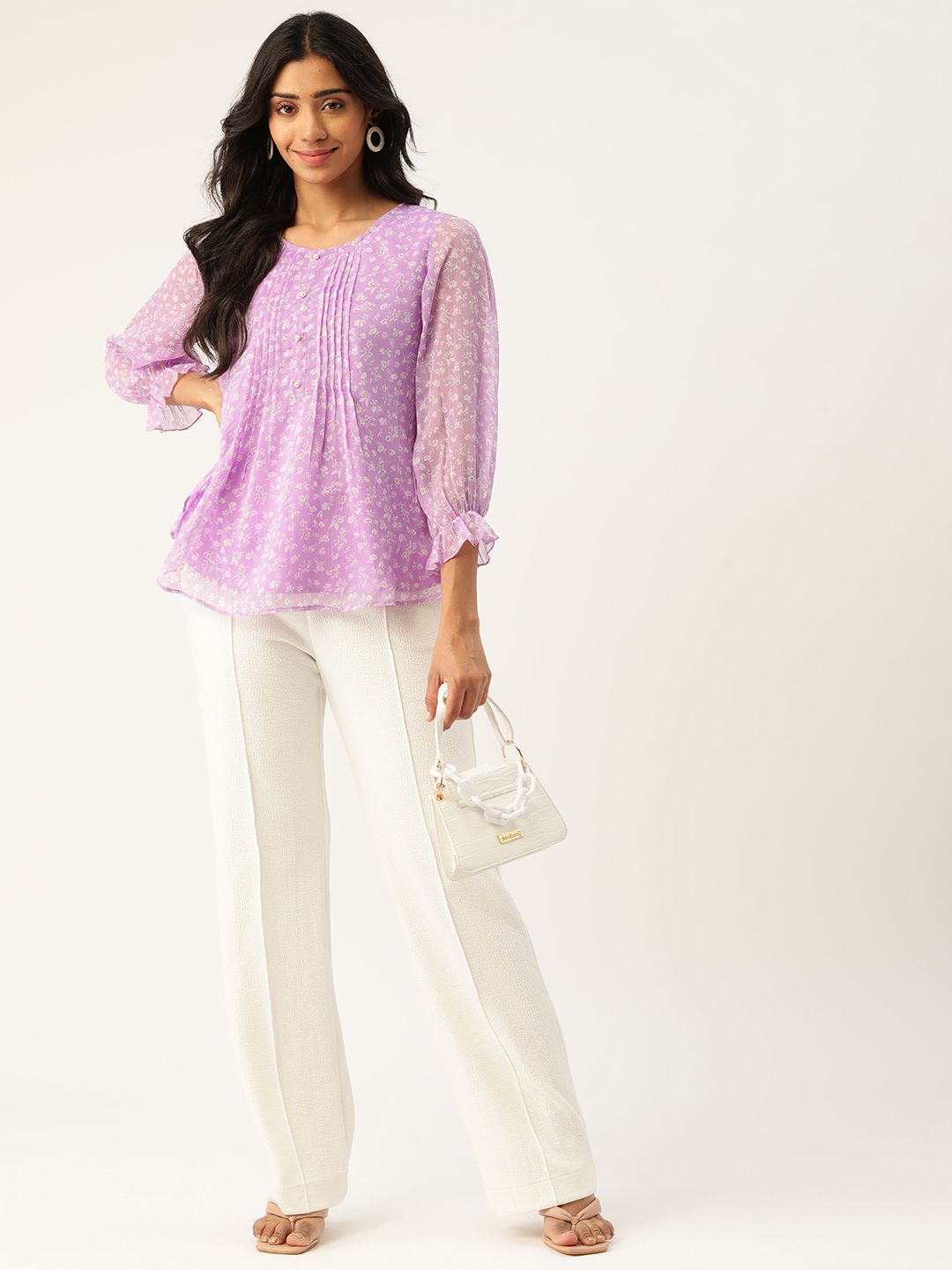 Antheaa Women Lavender & White Floral Print Top