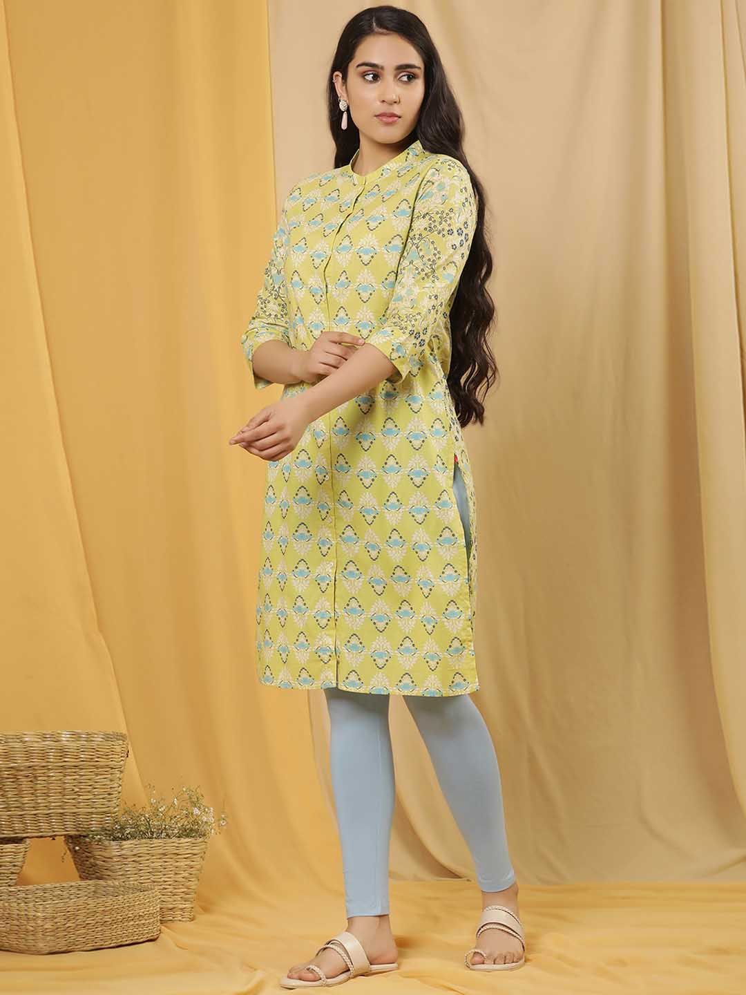 W Floral Printed Mandarin Collar Regular Pure Cotton Kurta