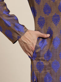SOJANYA Lelaki Biru & Coklat Motif Etnik Jacquard Kurta