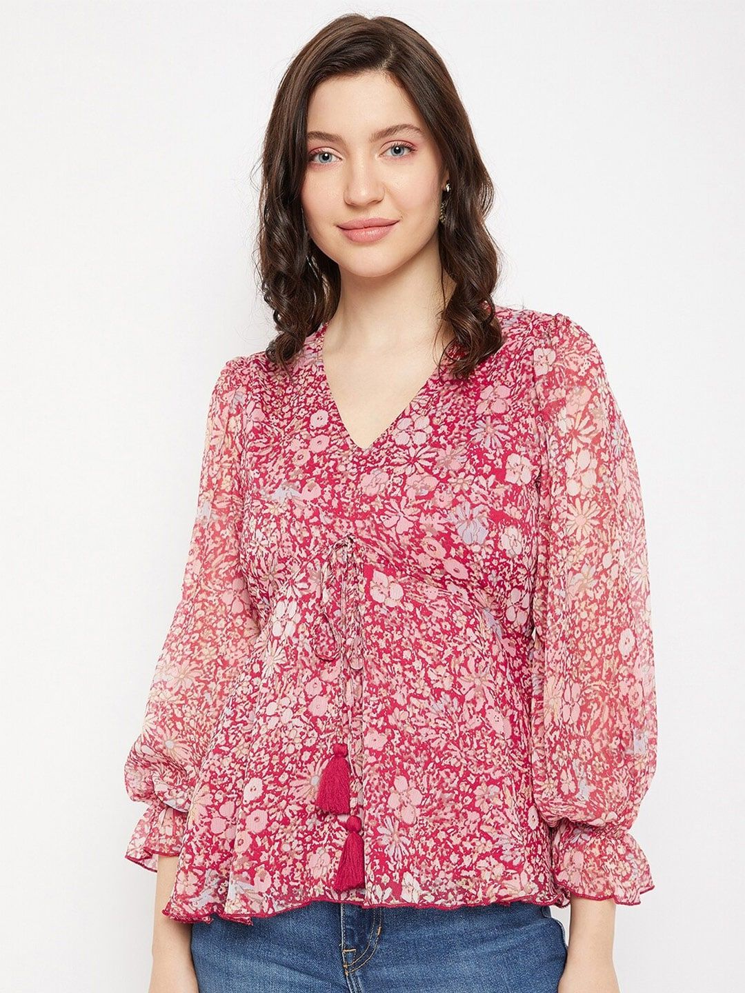 Antheaa Floral Printed Puff Sleeve Peplum Top