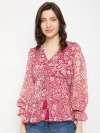 Antheaa Floral Printed Puff Sleeve Peplum Top