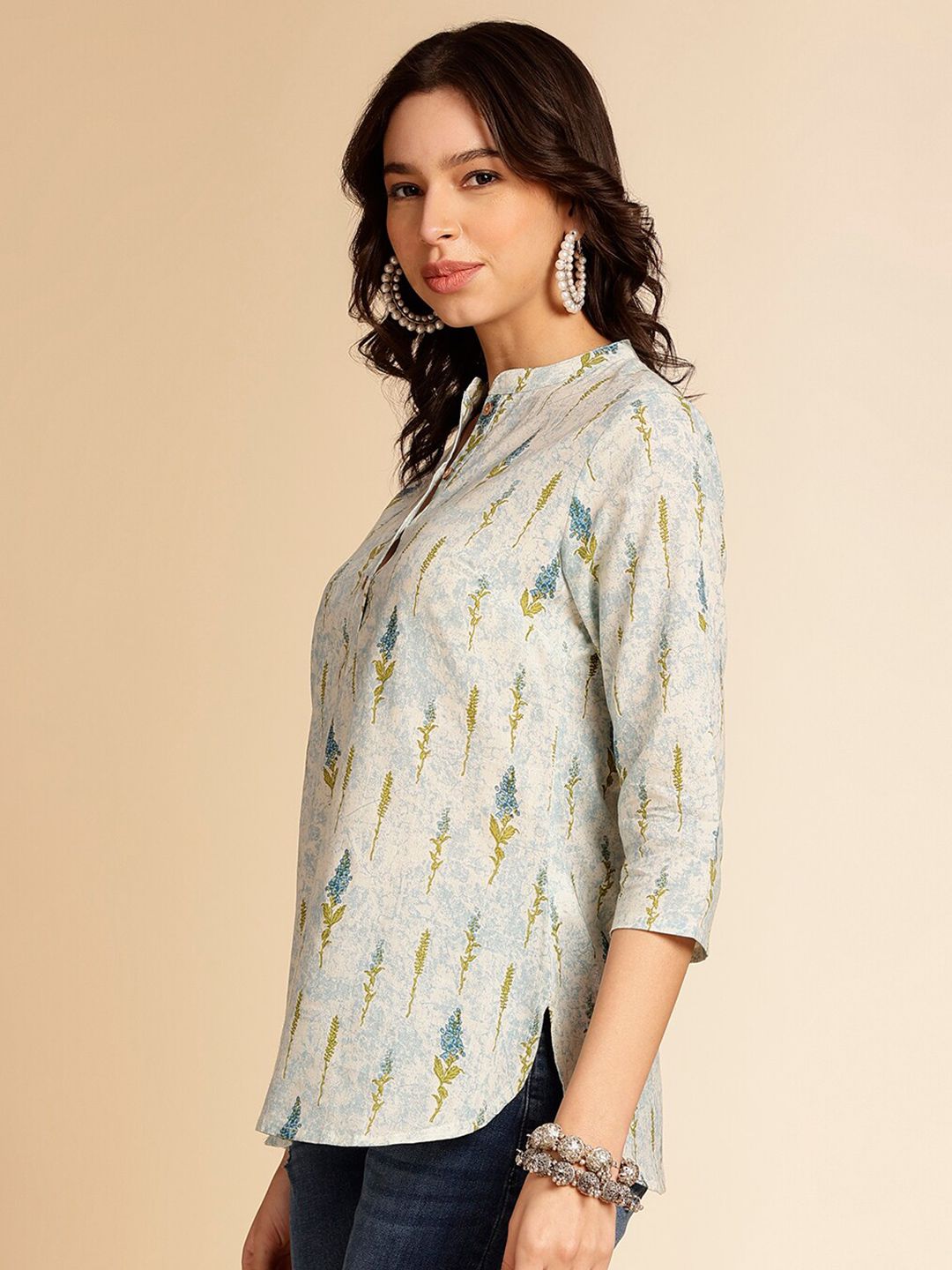 Anouk Off White Botanical Printed Mandarin Collar Pure Cotton Short Kurti