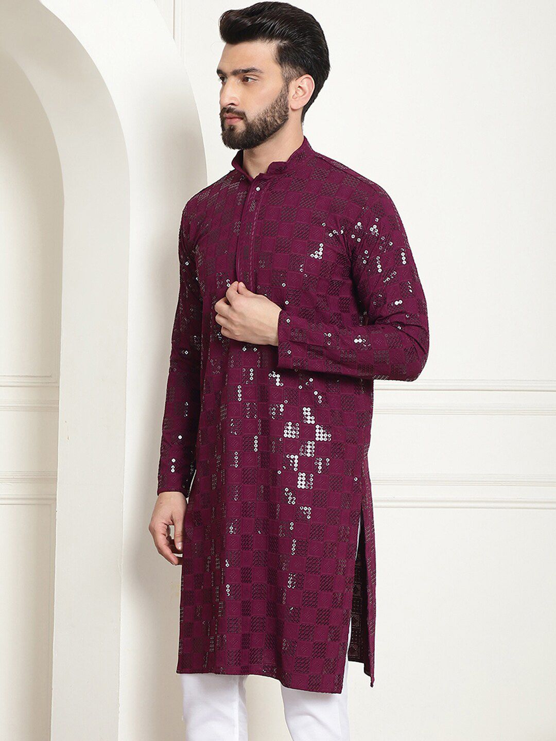 SOJANYA Geometric Embroidered Sequinned Pure Cotton Kurta