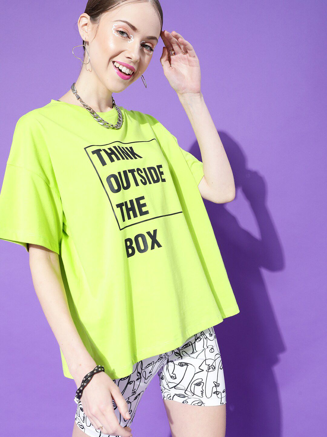 STREET 9 Women Lime Green Typography Printed Extended Sleeves Oversized Pure Cotton T-shirt