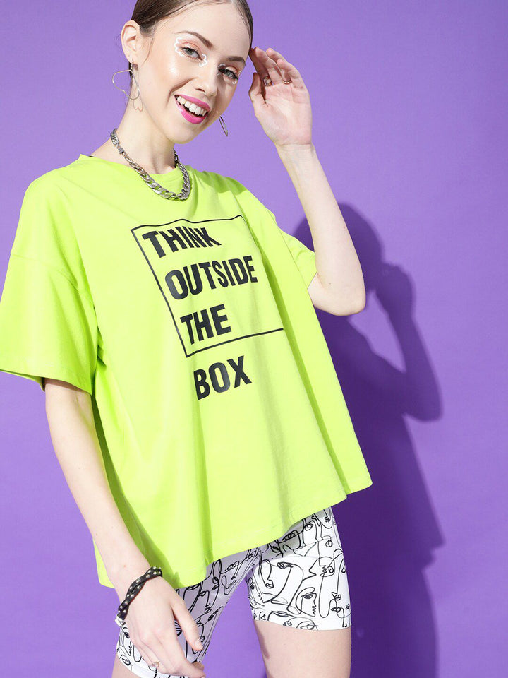 STREET 9 Women Lime Green Typography Printed Extended Sleeves Oversized Pure Cotton T-shirt