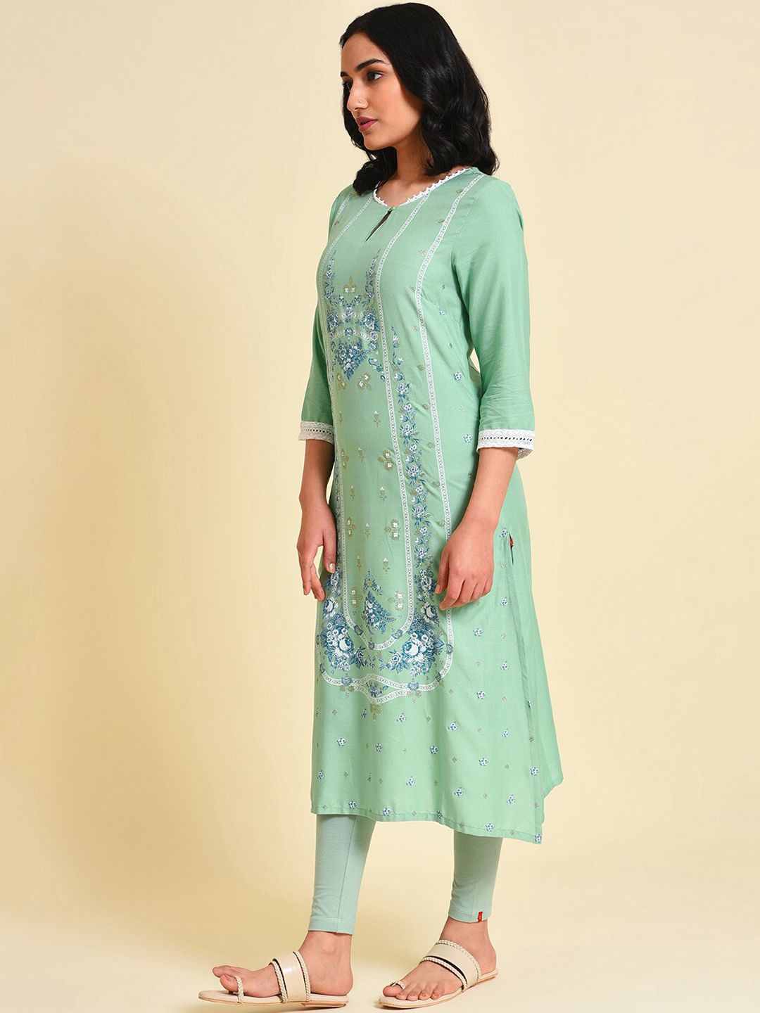 W Floral Printed Keyhole Neck Straight Kurta