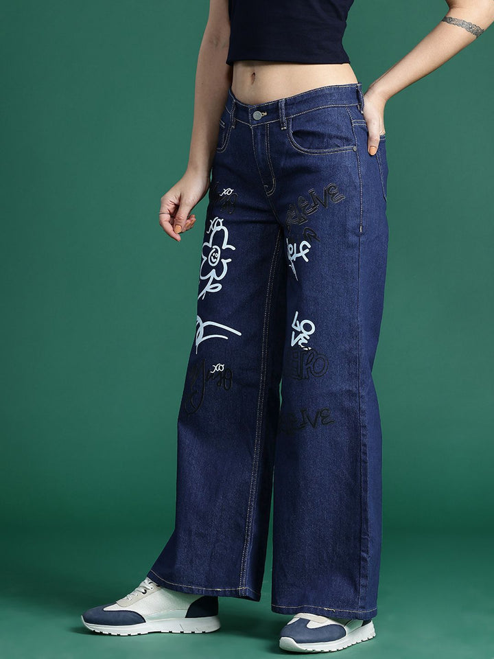 DressBerry Women Wide Leg Printed Stretchable Jeans