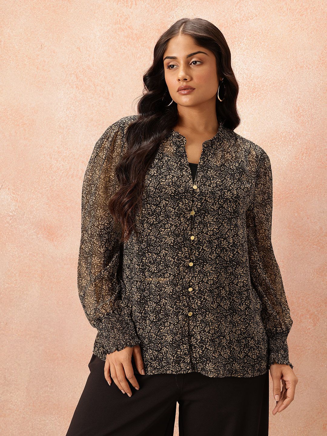 all about you Plus Size Floral Print Sheer Shirt Style Top