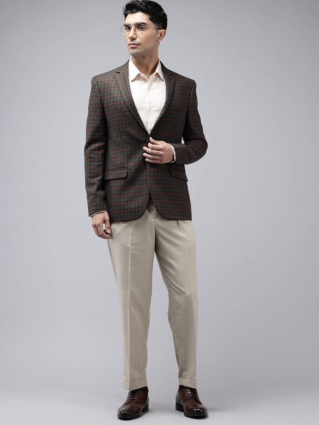 Park Avenue Checked Notched Lapel Collar Slim Fit Formal Blazer