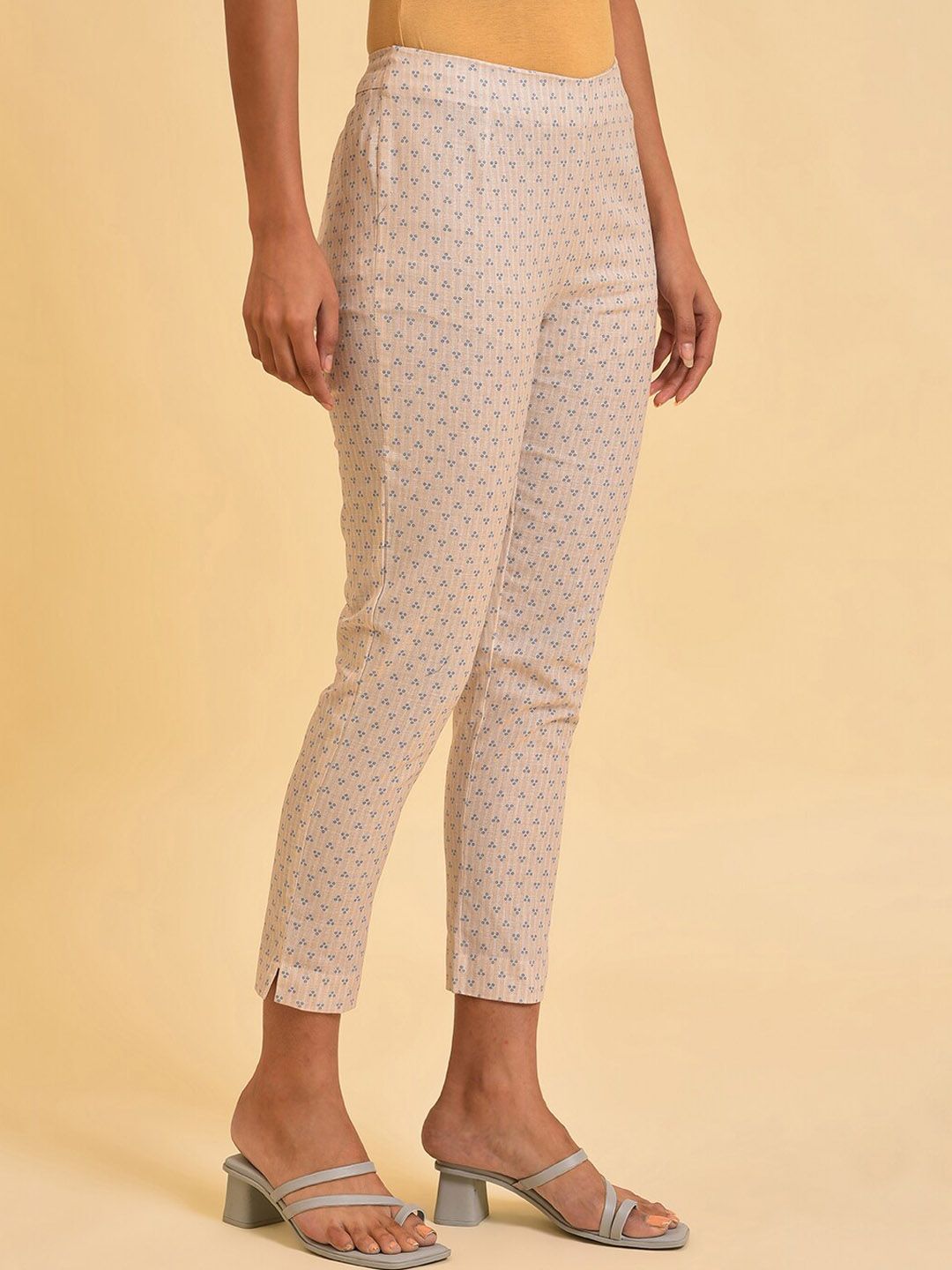 W Women Beige Printed Slim Fit Cigarette Trousers