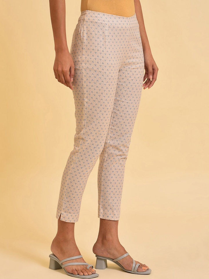 W Women Beige Printed Slim Fit Cigarette Trousers
