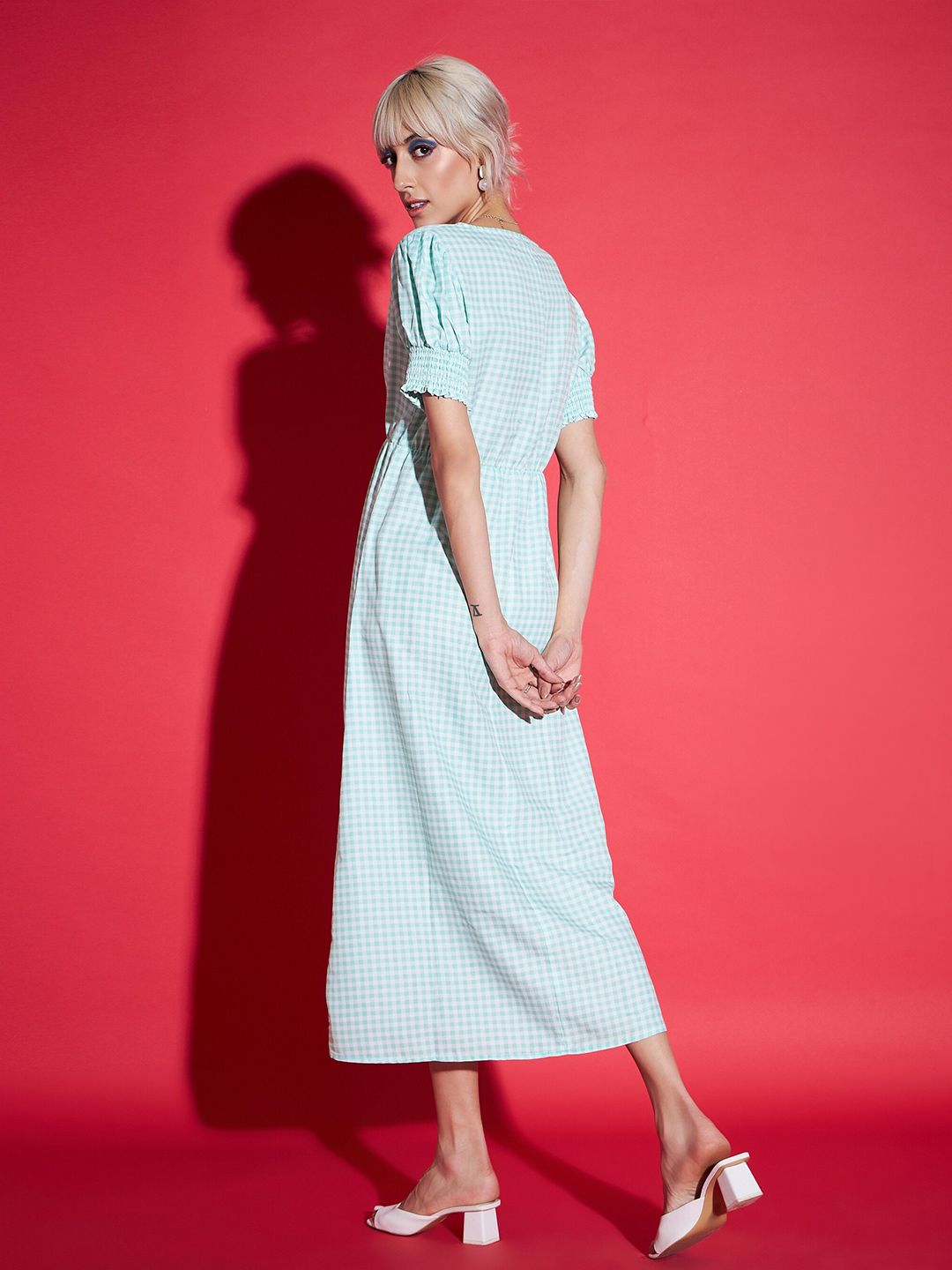 SASSAFRAS Green Square Neck Checked A-Line Midi Dress