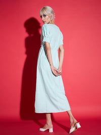 SASSAFRAS Green Square Neck Checked A-Line Midi Dress