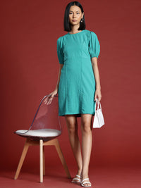 all about you Crinkled Cut-Out Back Puff Sleeve A-Line Dress