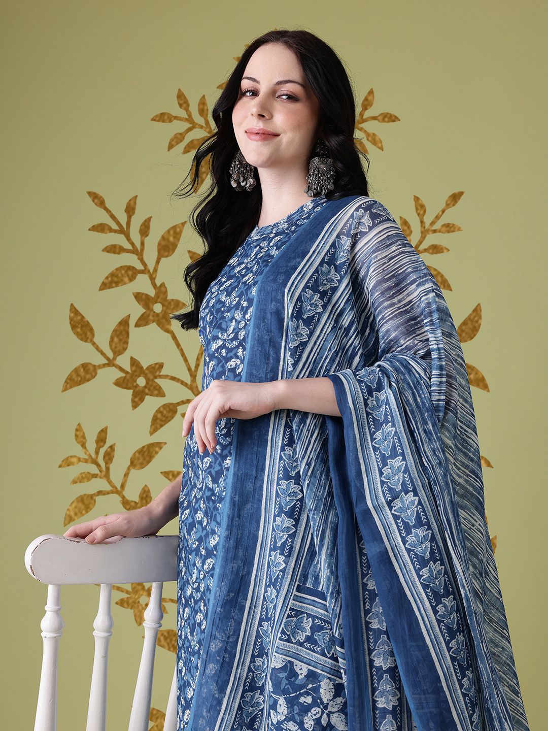 Anouk Floral Printed High Slit Pure Cotton Kurta with Trousers & Dupatta