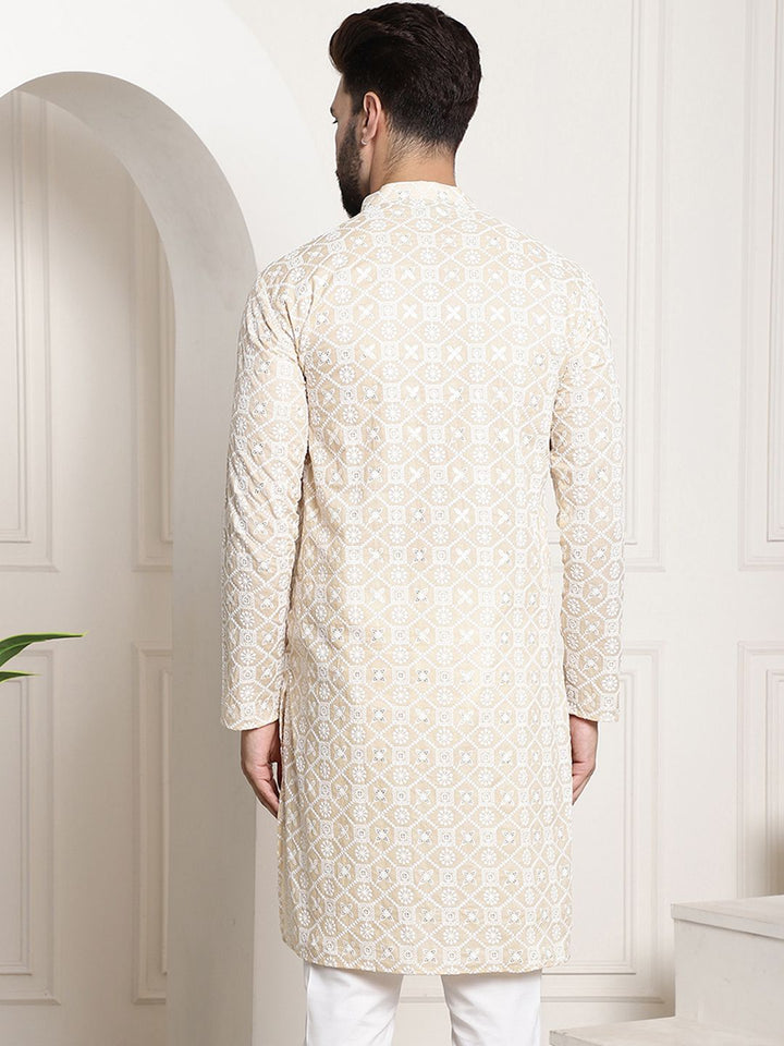 SOJANYA Men Beige Floral Mirror Work Kurta